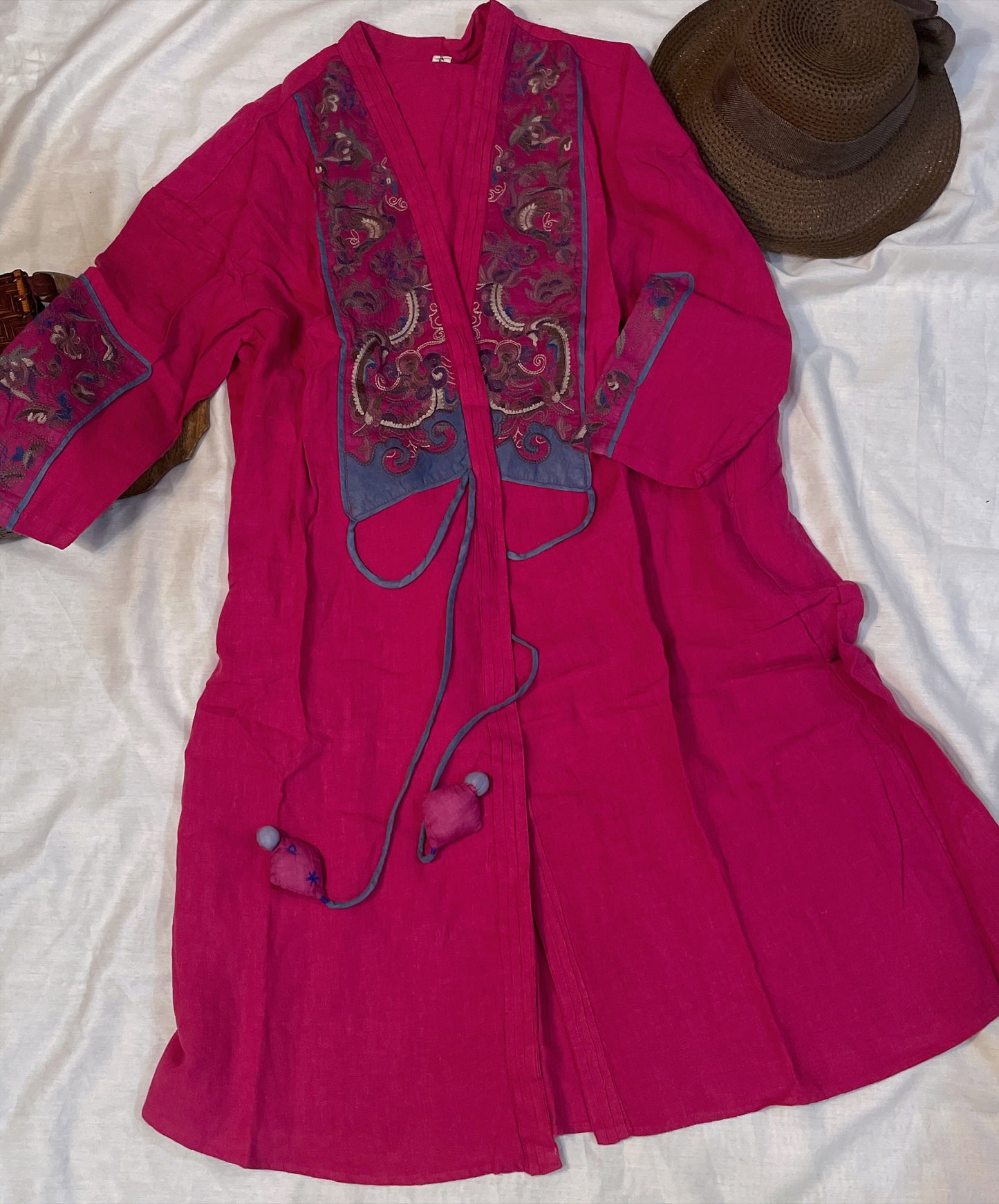 Oriental Elegance: Rosy Red Linen Skirt with Exquisite Embroidery