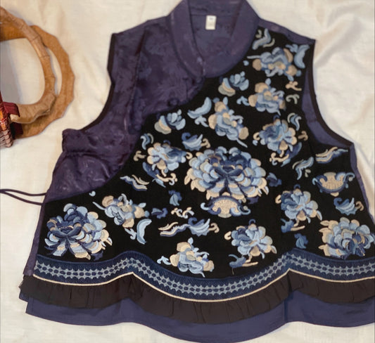 Midnight Silk: Dark Blue Satin Blouse in Oriental Style