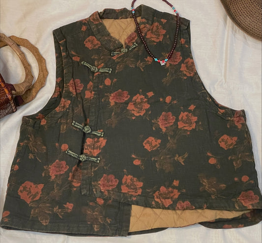 Emerald Blossom: Dark Green Cotton Vest with Orange Flower Print