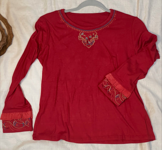 Radiant Red Oriental-Style Cotton Bottoming Shirt with Embroidery for Women