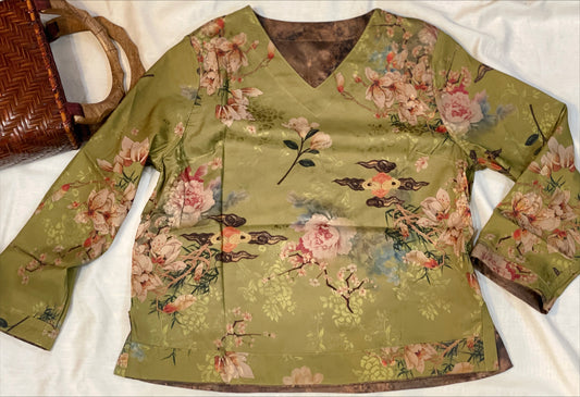 Green Garden: Floral Oriental Linen Blouse for Women