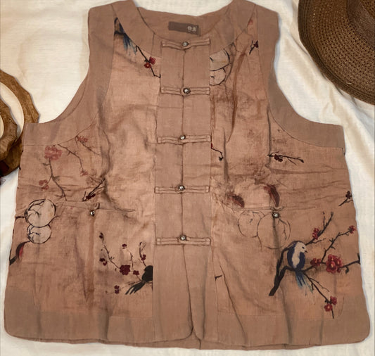 Floral Harmony: Light Brown Linen Vest with Flower Print