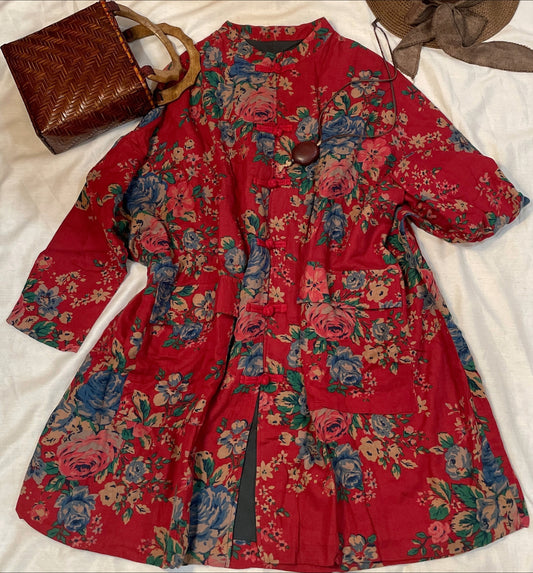 Crimson Petal: Red Cotton Coat with Oriental Floral Print