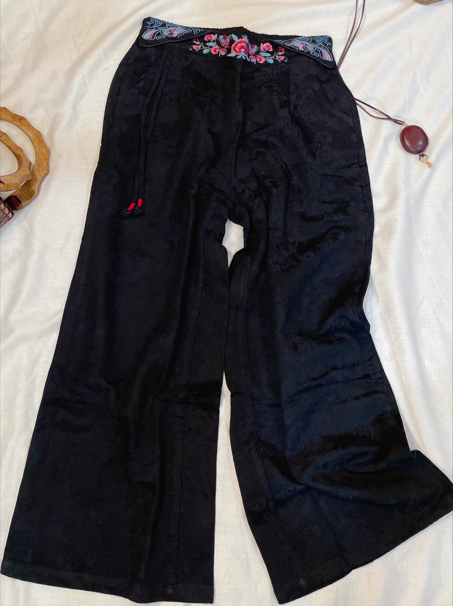 Midnight Elegance: Black Cotton-Linen Pants with Oriental Embroidery