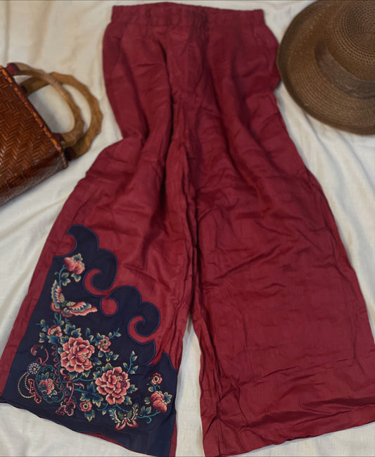 Crimson Craft: Red Cotton-Linen Pants with Oriental Embroidery