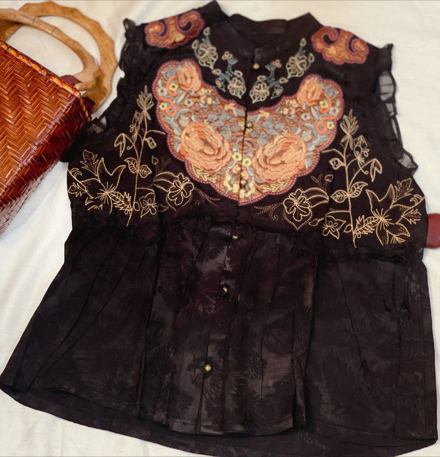 Midnight Blossom: Black Satin Vest with Oriental Embroidery