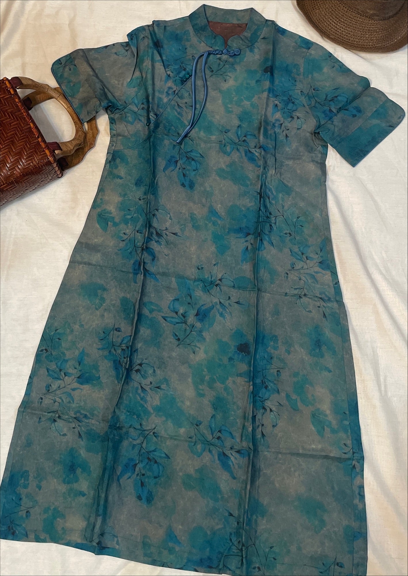 Blossom Breeze: Blue Silk Skirt with Floral Print in Oriental Style