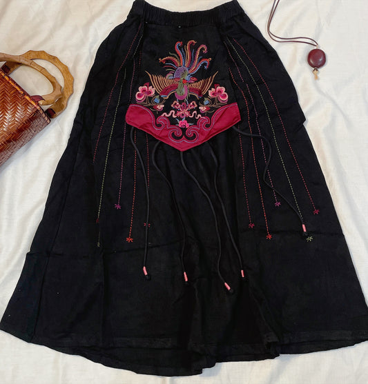 Oriental Charm: Black Cotton-Linen A-Line Skirt with Embroidery