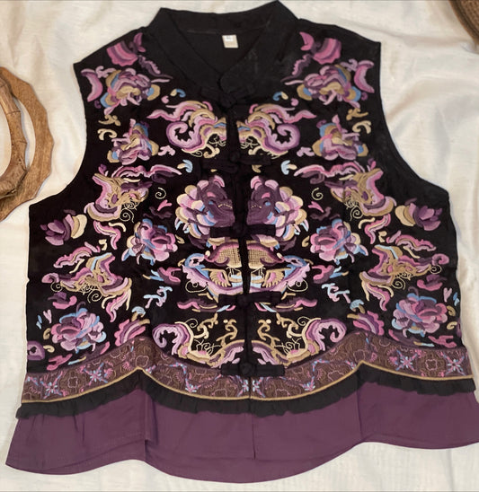 Purple Dream: Black Satin Vest with Oriental Purple Embroidery