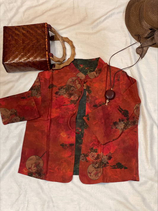 Garden Duality: Double-Sided Silk Jacket in Orange and Green with Floral Print