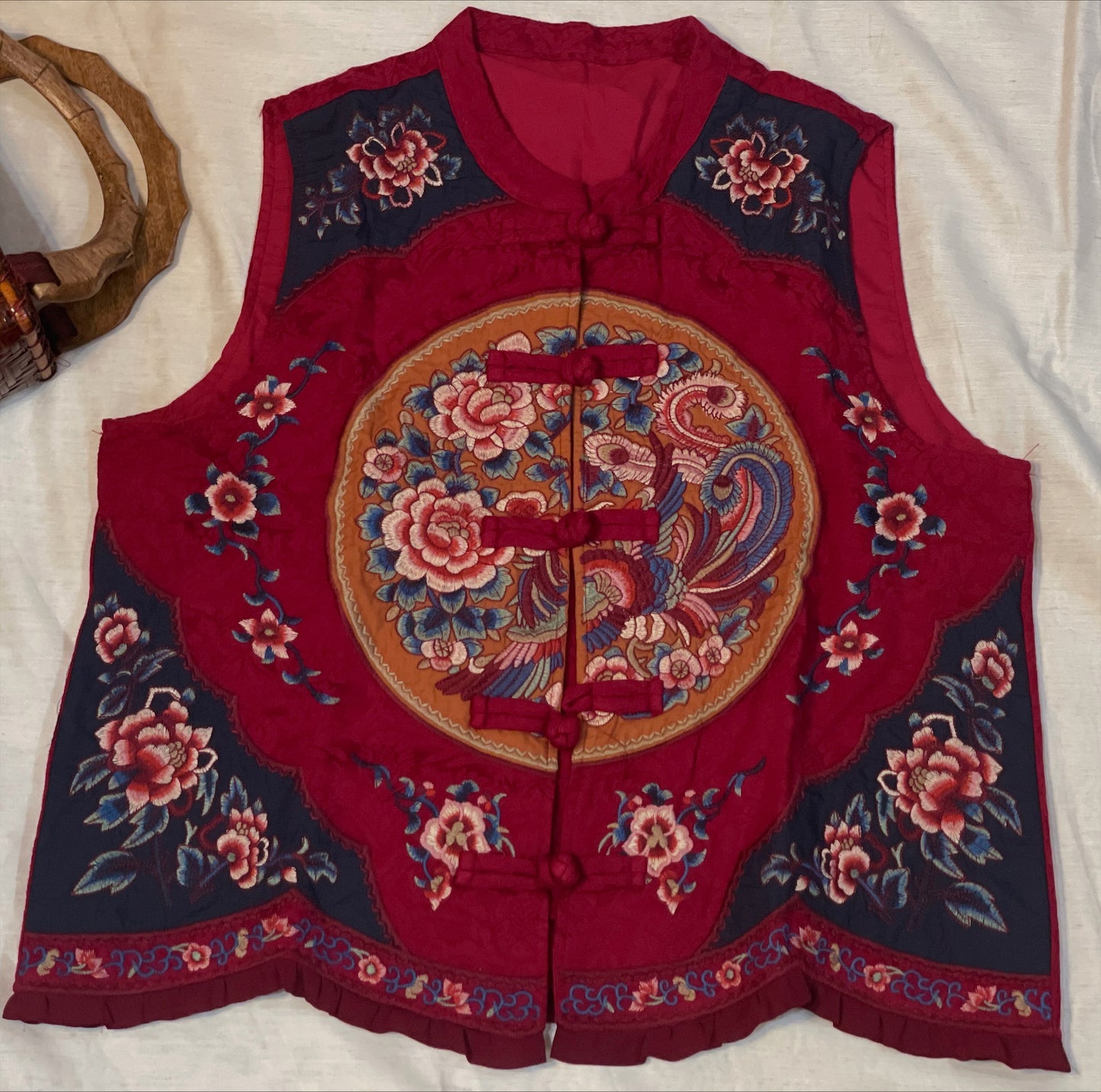 Eastern Tapestry: Red and Dark Blue Cotton-Linen Vest with Embroidery