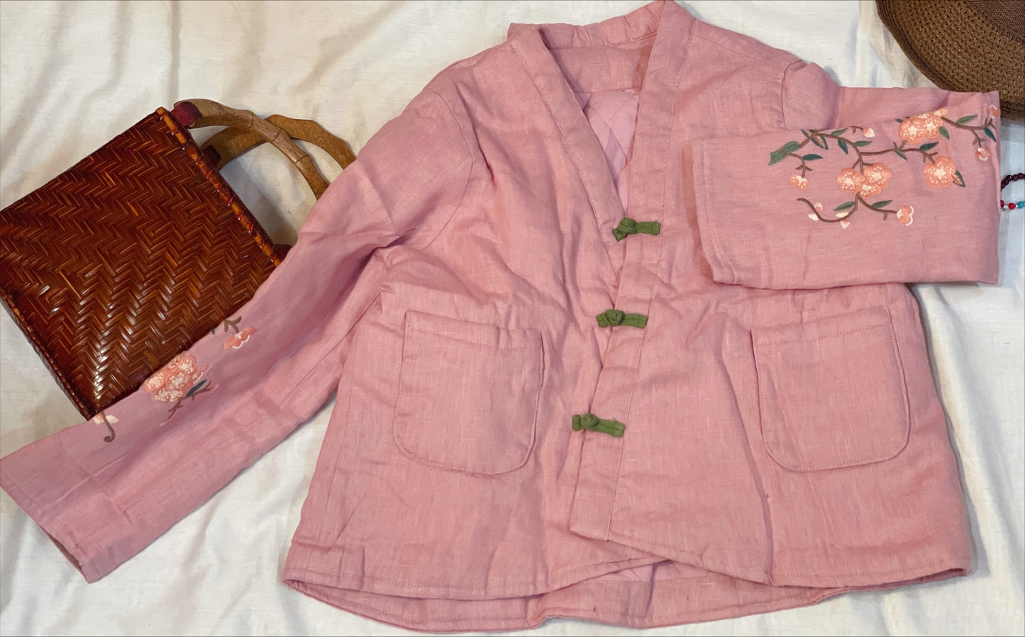 Blossom Elegance: Pink Linen Coat with Oriental Embroidery