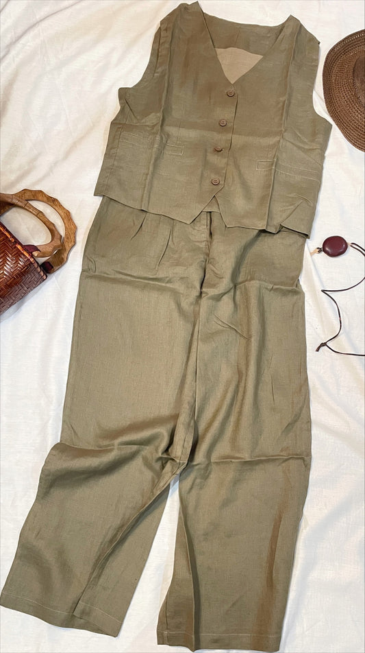 Sophisticated Khaki Linen Vest & Pants Set for Women - Oriental Style