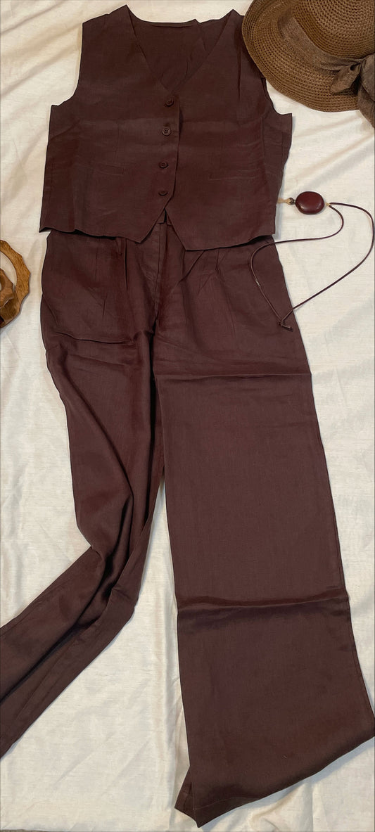 Earthen Grace: Brown Linen Vest & Pants Set in Oriental Style